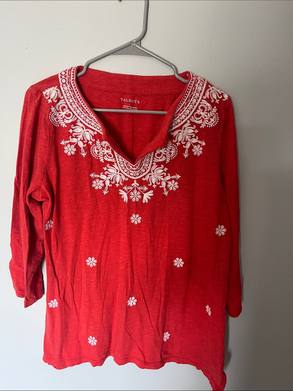 Talbots Red V-Neck Tunic with White Floral Embroidery Accents